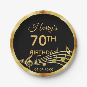 70th birthday black gold music notes name paper plate