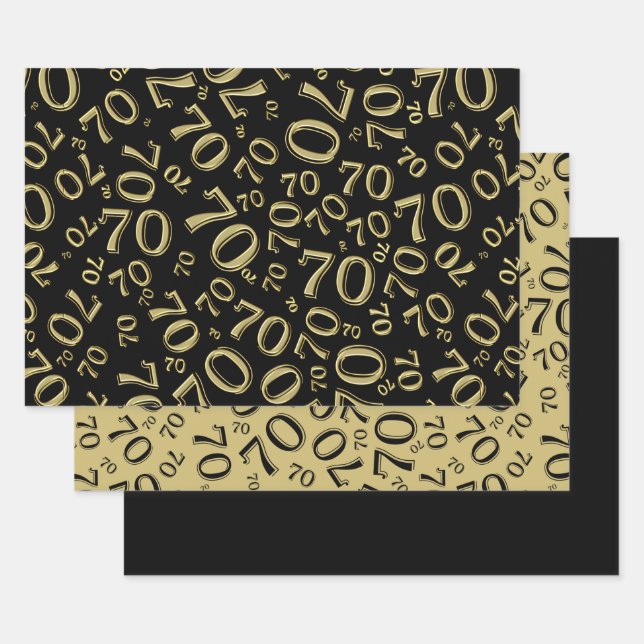 70th Birthday Black & Gold Number Pattern 70 Wrapping Paper Sheet (Set)