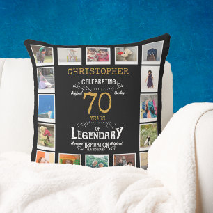 70th Birthday Black Gold Photo Collage Throw Pillow