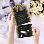 70th birthday black gold photo rsvp all in one invitation<br><div class="desc">A black background,  decorated with golden confetti and a large number 70 in faux gold.  Personalize and add a photo,  name,  party details,  RSVP date,  return address and name.</div>