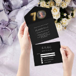 70th birthday black gold photo rsvp all in one invitation<br><div class="desc">A black background,  decorated with a large number 70 in faux gold.  Personalize and add a photo,  name,  party details,  RSVP date,  return address and name.</div>
