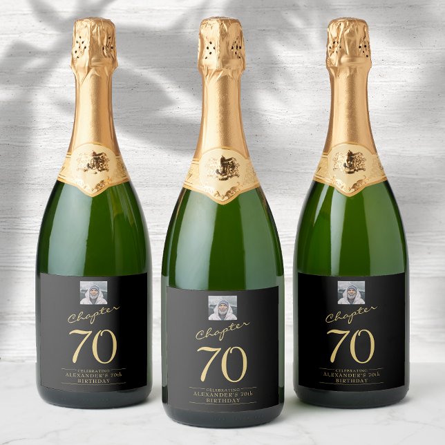 70th Birthday Black Gold Photo Sparkling Wine Label (Chapter 70. Personalized 70th birthday sparkling wine labels with name age and photo.)