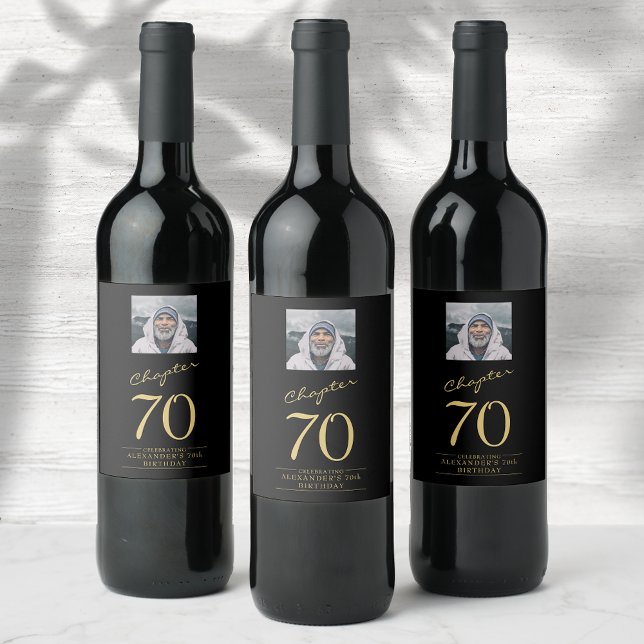 70th Birthday Black Gold Photo Wine Label (Chapter 70. 70th Birthday black and gold personalized wine labels. Add name age and photo.)