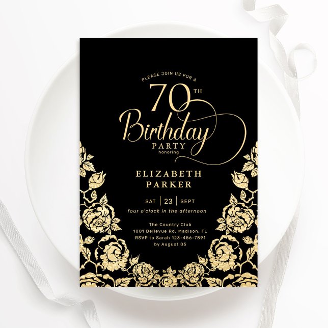 70th Birthday Black Gold Roses Invitation (Creator Uploaded)