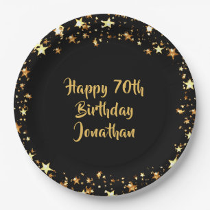 70th Birthday Black Gold Stars Name Paper Plate
