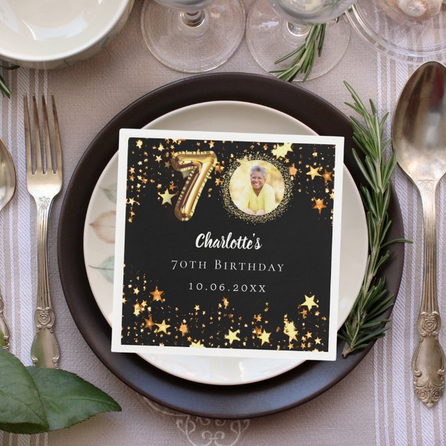 70th birthday black gold stars photo napkin (Creator Uploaded)