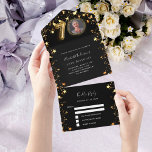 70th birthday black gold stars photo rsvp all in one invitation<br><div class="desc">A black background,  decorated with golden stars and a large number 70 in faux gold.  Personalize and add a photo,  name,  party details,  RSVP date,  return address and name.</div>