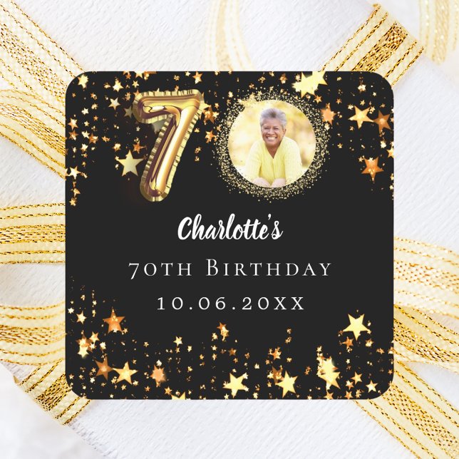 70th birthday black gold stars photo square sticker (Creator Uploaded)