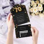 70th birthday black gold stars rsvp all in one invitation<br><div class="desc">A black background,  decorated with golden stars and a large number 70 in faux gold.  Personalize and add a name,  party details,  RSVP date,  return address and name.</div>