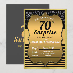 70th Birthday Black Gold Surprise Party Invitation