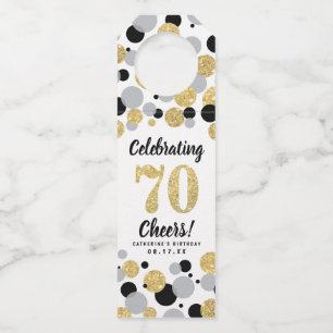 70th Birthday Black Grey Gold Glitter Confetti Bottle Tag