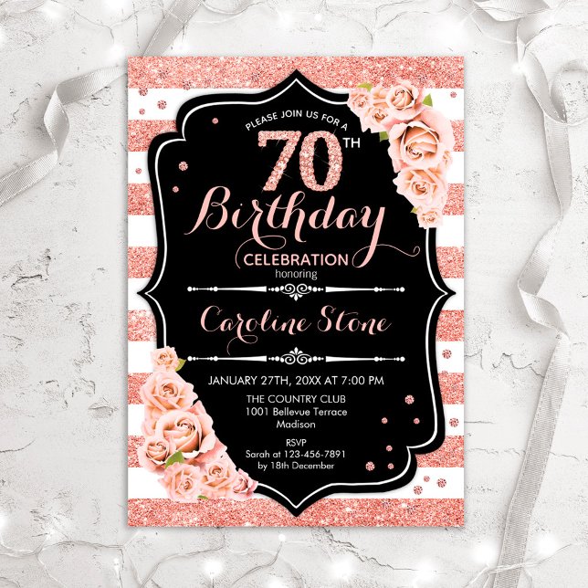 70th Birthday Black Rose Gold and White Stripes Invitation (Creator Uploaded)