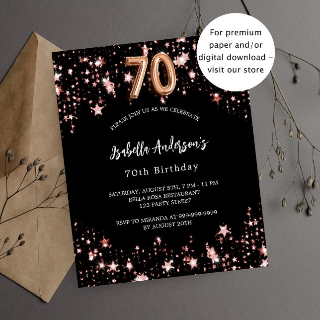 70th birthday black rose gold budget invitation flyer (Creator Uploaded)