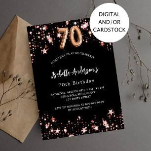 70th birthday black rose gold stars invitation