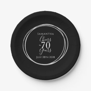 70th Birthday Black Silver Cheers 70 Years Party Paper Plate