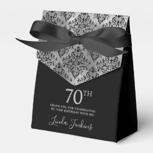 70th Birthday Black Silver Damask Thank You Favor Box