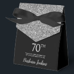 70th Birthday Black Silver Glitter Thank You Favor Box<br><div class="desc">This fabulous modern 70th Birthday Black Silver Glitter Thank You favour box with sparkling silver glitter, the birthday girl's name in a trendy script font, and tied with an elegant black bow would be perfect for your event. It would be great for a candy station, on a thank you gift...</div>
