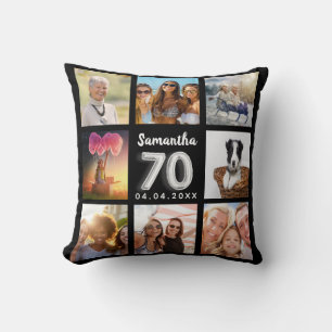 70th birthday black silver photo collage throw pillow