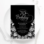 70th Birthday Black Silver Roses Invitation<br><div class="desc">Black silver elegant 70th birthday party invitation. Classy design featuring roses,  faux silver foil and typography script font. Trendy invite card perfect for a stylish female bday celebration. Personalize with your own details. Can be customized to any age. Printed Zazzle invitations or instant download digital printable template.</div>