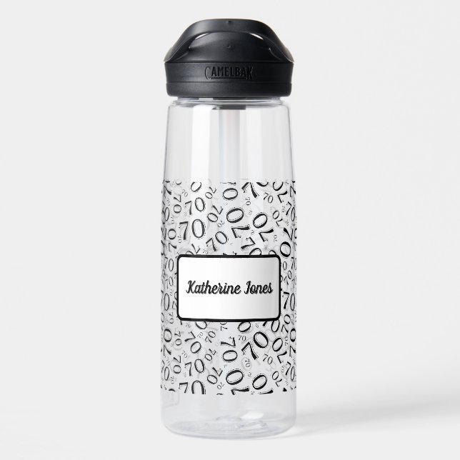 70th Birthday Black & White Random Number Pattern Water Bottle (Back)