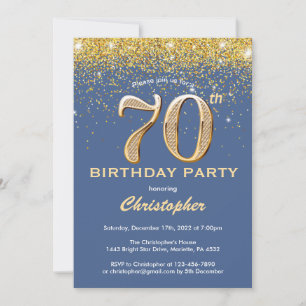 70th Birthday Blue and Gold Glitter Confetti Invitation
