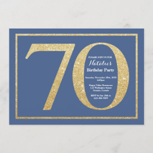 70th Birthday Blue and Gold Glitter Invitation