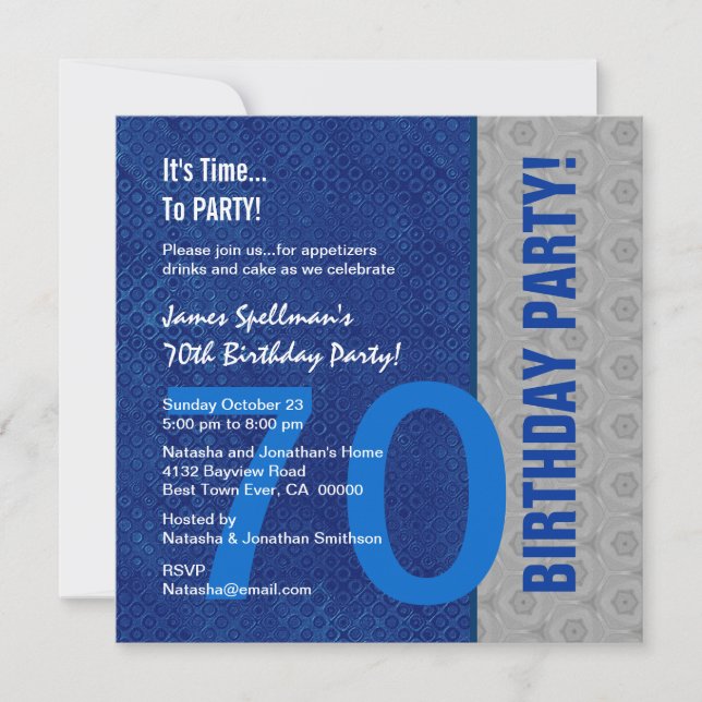 70th Birthday Blue and Silver Pattern Recycled Invitation (Front)