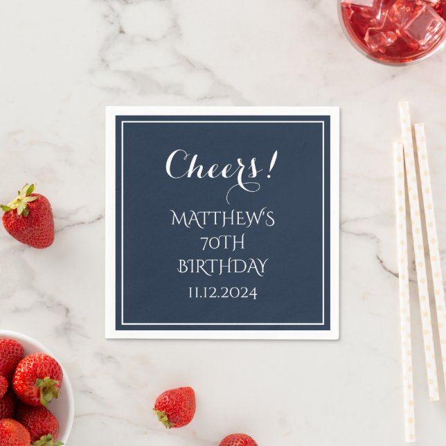 70th Birthday Blue Elegant Script Modern Cheers Napkin (Insitu)