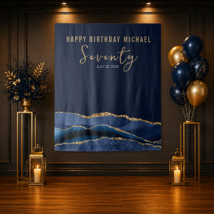 70th Birthday Blue Gold Agate Photo Backdrop Tapestry