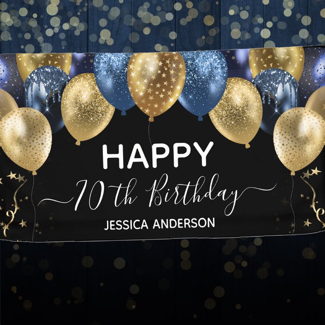 70th Birthday Blue Gold Balloons  Banner (Creator Uploaded)