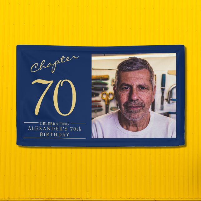 70th Birthday Blue Gold Photo Banner (Create your own banner for that unique 70th birthday. Make that party special.)