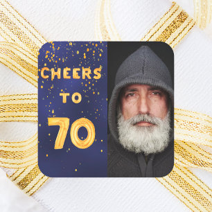 70th birthday blue gold photo cheers square sticker