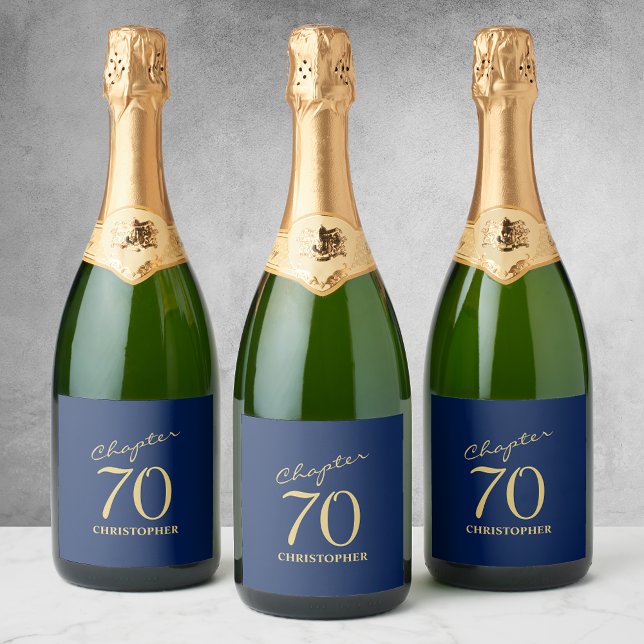 70th Birthday Blue Gold Sparkling Wine Label (Creator Uploaded)