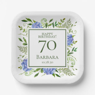 70th Birthday Blue Hydrangeas Paper Plate