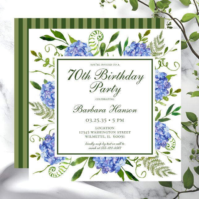 70th Birthday Blue Hydrangeas Script Invitation (Creator Uploaded)