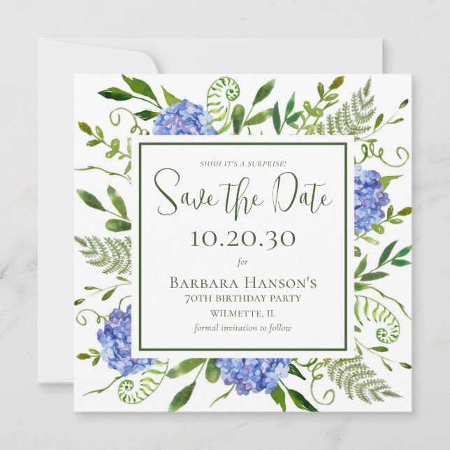 70th Birthday Blue Hydrangeas Surprise Party Save The Date (Front)