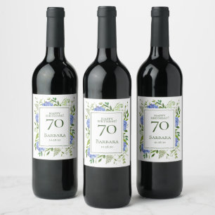 70th Birthday Blue Hydrangeas Wine Label