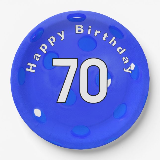 70th Birthday Blue Pickleball Paper Plate (Front)