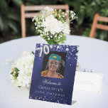 70th Birthday blue silver stars photo welcome Pedestal Sign<br><div class="desc">A welcome sign for a 70th birthday party.  A navy blue background with elegant faux silver stars. The blue colour is uneven.  Personalize and add a photo,  name and text.  White letters. 
Back: no design</div>