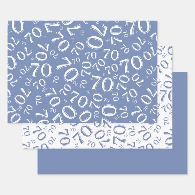 70th Birthday Blue & White Number Pattern 70 Wrapping Paper Sheet (Set)