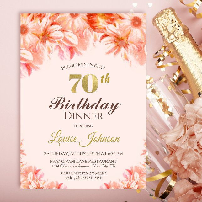 70th Birthday Blush Pink Gold Floral Dinner Party Invitation (Creator Uploaded)