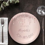 70th birthday blush rose gold glitter drips name paper plate<br><div class="desc">A paper plate for a girly and glamorous 70th birthday party. A faux rose gold metallic looking background with an elegant faux rose gold glitter drips, paint drip look. The text: The name is written in dark rose gold with a large modern hand lettered style script. Template for name, age...</div>
