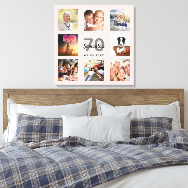 70th birthday blush rose gold name photo collage canvas print (Insitu(Bedroom))
