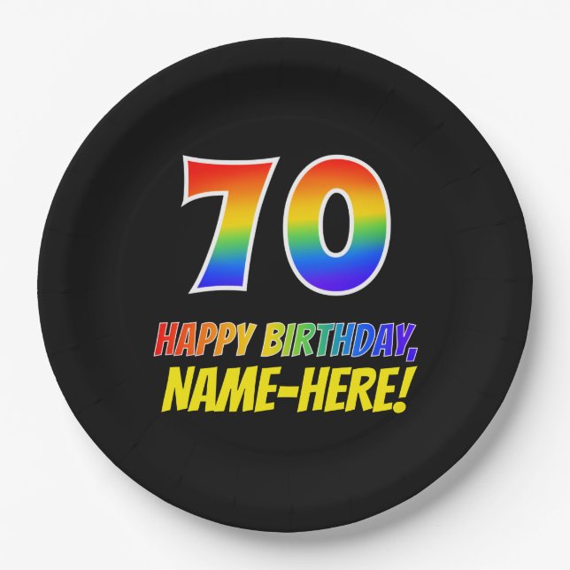 70th Birthday: Bold, Fun, Simple, Rainbow 70 Paper Plate (Front)