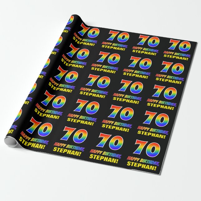 70th Birthday: Bold, Fun, Simple, Rainbow 70 Wrapping Paper (Unrolled)