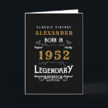 70th Birthday Born 1952 Vintage Black Gold Card<br><div class="desc">A personalized classic card for that celebration. Add the name to this vintage retro style black, white and gold design for a custom birthday greeting card. Easily edit the name and year with the template provided. The Wonderful custom gift. More gifts and party supplies for that party celebration available with...</div>