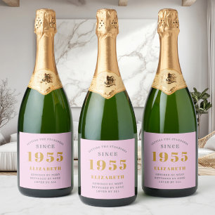 70th Birthday Born 1955 Add Name Pink Grey Sparkling Wine Label