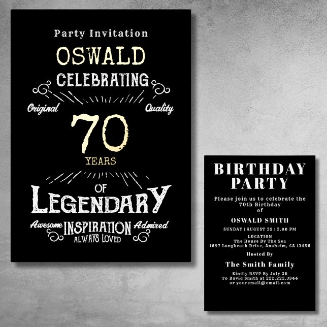70th Birthday Born Legendary Black Gold Retro (For those celebrating their 70th birthday we have the ideal birthday party invitation.)