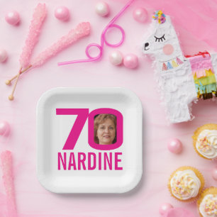 70th birthday bright pink white 70 custom photo paper plate