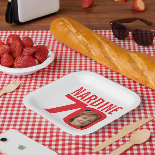 70th birthday bright red white 70 custom photo paper plate